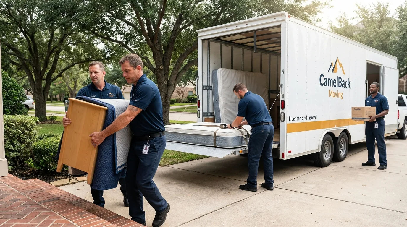 Crew loading residential truck for cross-state move from Four Oaks, NC