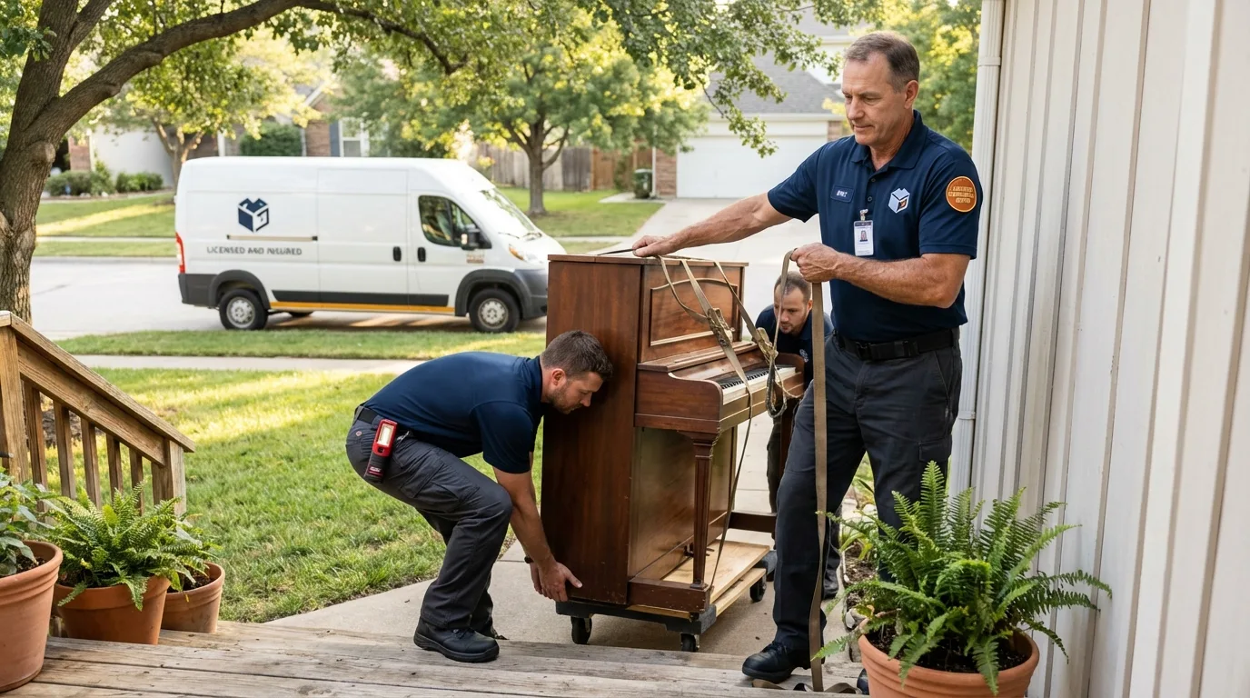Licensed piano movers securing grand piano in Four Oaks, NC