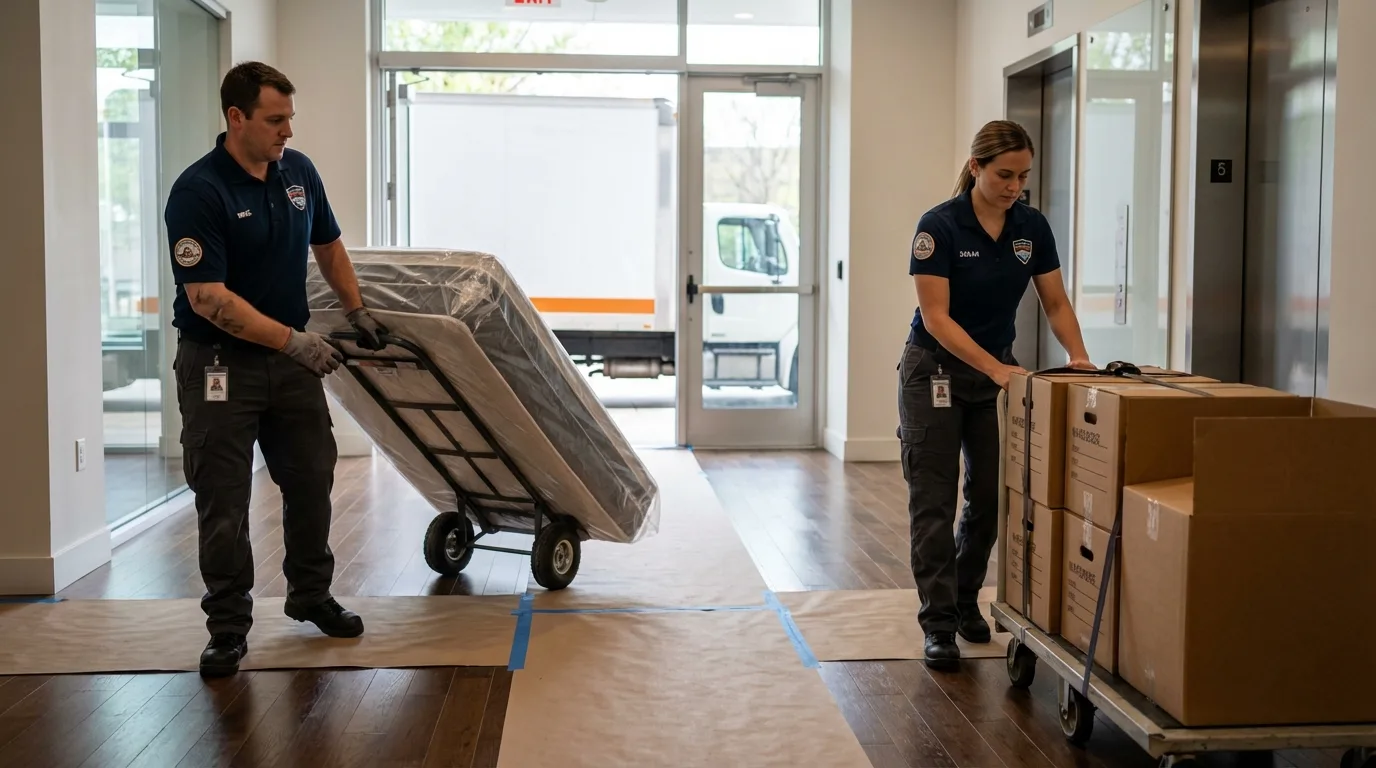 Professional apartment movers loading elevator in Four Oaks, NC